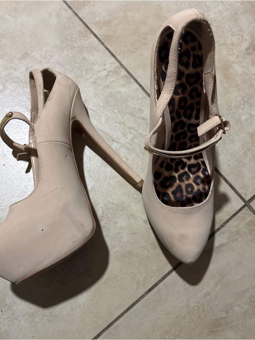 Nude Mary Jane Platform Heels with Leopard Insole